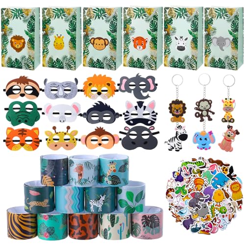 GSrenyu 128 Stück Party-Tier-Partytütenfüller, Kinder-Wildtier-Tasche, Filz-Tiermasken, Kinder-Aufkleber, 80 Muster, Slap Armbänder, Dschungel-Schlüsselanhänger für Kinderparty von GSrenyu