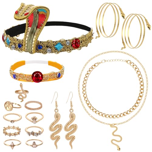 GSrenyu 15-teiliges ägyptisches Kostüm für Damen, Kleopatra-Kostüm mit ägyptischer Schlangen-Stirnband, 2-lagige Halskette, Armmanschette, Schlangenring und Armband für Halloween, Maskerade von GSrenyu