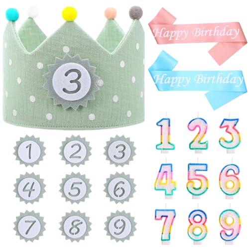 GSrenyu 21-teiliges Happy Birthday-Set – Kinder-Geburtstagskrone mit Zahlen 0–9, rosa und blaue Schärpen, Geburtstagskerzen 0–9, Filz-Happy Birthday-Hut, Baby-Foto-Requisiten, Partyzubehör, Geschenke GSrenyu 21-teiliges Happy Birthday-Set – Kinder-Geburtstagskrone mit Zahlen 0–9, rosa und blaue Schärpen, Geburtstagskerzen 0–9, Filz-Happy Birthday-Hut, Baby-Foto-Requisiten, Partyzubehör, Geschenke von GSrenyu