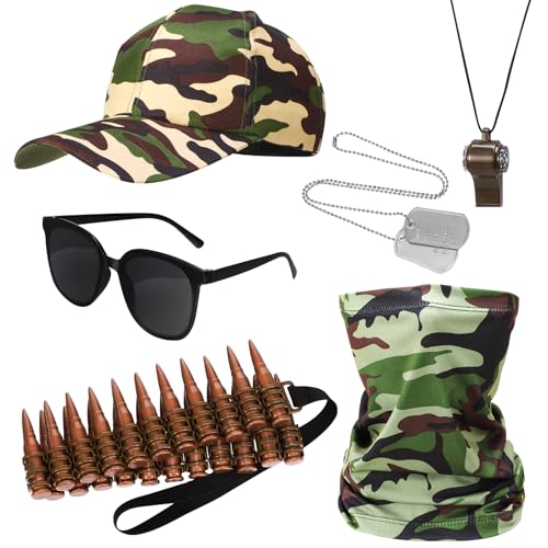 GSrenyu 6-teiliges Armee-Kostüm-Zubehör-Set, Halloween-Armee-Kostüm-Zubehör mit Camouflage-Hut, Kugelgürtel, Sonnenbrille und Hundemarken-Halskette, Soldatenkostüm für Junggesellenabschiede oder von GSrenyu