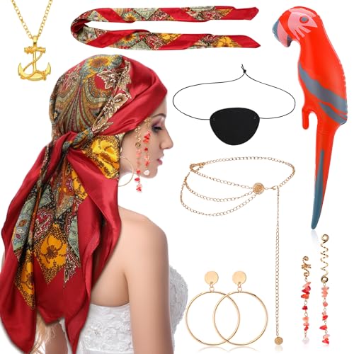GSrenyu 8-teiliges Kostümzubehör-Set für Damen, Piraten-Rollenspiel-Outfit mit Kopftuch, Augenklappe, Ohrringe, Halskette, Taillenkette, Haar-Accessoires für Halloween-Party, Maskerade, Bühnenauftritt von GSrenyu