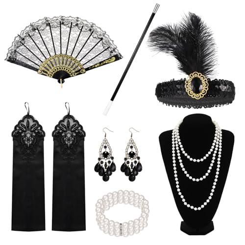 GSrenyu 9 Stück 1920er Jahre Accessoires für Frauen, Flapper-Zubehör mit Flapper-Stirnband, lange schwarze Handschuhe, Spitzenfächer, Zigarettenhalter, Ohrringe, Perlenkette und Armband für Frauen und von GSrenyu