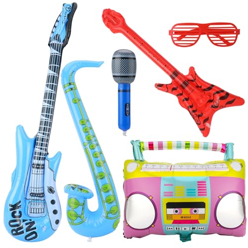 GSrenyu Aufblasbare Gitarre, aufblasbares Mikrofon, Party-Requisiten, Foto-Requisiten mit Brille, Gitarre, Bass, Saxophon, Radio, Musikinstrumente, Zubehör für 80er-90er-Jahre-Motto-Party, Geburtstag, GSrenyu Aufblasbare Gitarre, aufblasbares Mikrofon, Party-Requisiten, Foto-Requisiten mit Brille, Gitarre, Bass, Saxophon, Radio, Musikinstrumente, Zubehör für 80er-90er-Jahre-Motto-Party, Geburtstag, von GSrenyu