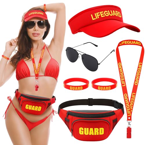 GSrenyu Baywatch-Kostüm-Zubehör-Set, 6-teilig, inklusive Hut, Tasche, Sonnenbrille, Armbänder und Pfeife, Rettungsschwimmer für Erwachsene, Strand, schlechte Halloween, Cosplay-Party von GSrenyu