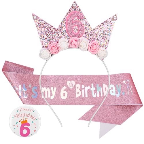 GSrenyu Haarreif zum 6. Geburtstag, Glitzer-Schärpe und Abzeichen-Set für Geburtstagsdekorationen, Mädchen, Prinzessinnenkrone, Hüte, Mädchen, Stirnband für Kinder, Prinzessinnen-Party von GSrenyu