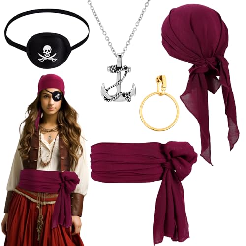 GSrenyu Piraten-Zubehör für Erwachsene und Kinder, Piraten-Bandana, Gürtel, Augenklappe, Ohrringe, Halskette für Kostüme, Festivals, Cosplay, Kinderpartys, 5 Stück von GSrenyu