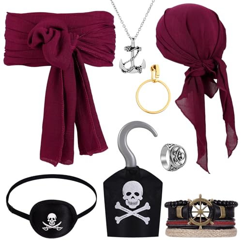 GSrenyu Piraten-Zubehör für Erwachsene und Kinder, Piraten-Bandana, Gürtel, Augenklappe, Ohrringe, Totenkopf-Ring, Halskette, Kapitänshaken für Kostüme, Festivals, Cosplay, Kinderparty, 8 Stück von GSrenyu