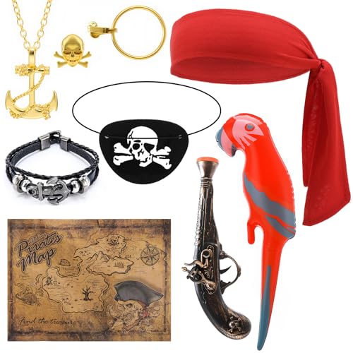 GSrenyu Piraten-Zubehör für Kinder und Erwachsene, Piraten-Bandana, Augenklappe, Ohrring, Totenkopf-Ring, Halskette, Papageienballon, Schatzkarte, Spielzeugpistole für Kostüm, Cosplay, Kinderparty, 9 von GSrenyu