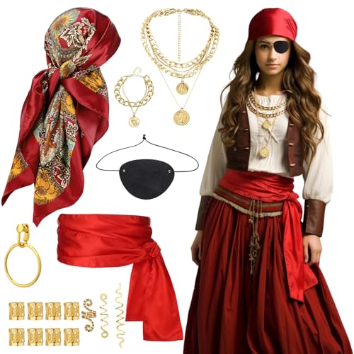 GSrenyu Piratenkostüm-Zubehör-Set für Damen, Piraten-Kostüm-Zubehör mit Kopftuch, Schärpe, Halskette, Augenklappe, Ohrringe, Haarschmuck für Halloween, Party, Karneval, 24-teilig GSrenyu Piratenkostüm-Zubehör-Set für Damen, Piraten-Kostüm-Zubehör mit Kopftuch, Schärpe, Halskette, Augenklappe, Ohrringe, Haarschmuck für Halloween, Party, Karneval, 24-teilig von GSrenyu