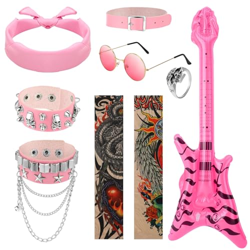 GSrenyu Rockstar-Kostüm-Set, 7-teilig, Gothic-Kostüm mit Retro-Sonnenbrille, Bandana, Armband, aufblasbare Gitarre, 70er, 80er, 90er, Rockstar-Disco-Kostüm, Zubehör für Damen, Herren, Halloween GSrenyu Rockstar-Kostüm-Set, 7-teilig, Gothic-Kostüm mit Retro-Sonnenbrille, Bandana, Armband, aufblasbare Gitarre, 70er, 80er, 90er, Rockstar-Disco-Kostüm, Zubehör für Damen, Herren, Halloween von GSrenyu