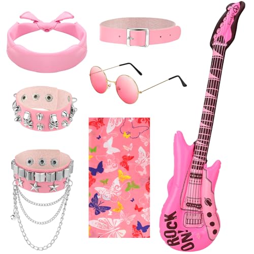 GSrenyu Rockstar-Kostüm-Set, 7-teilig, Rockstar-Kostüm, Punk, Gothic, Rock-Heavy-Metal, aufblasbare Gitarre, Retro-Sonnenbrille, Punk, Bandana, Armband, Halsband, Maske für Disco-Party GSrenyu Rockstar-Kostüm-Set, 7-teilig, Rockstar-Kostüm, Punk, Gothic, Rock-Heavy-Metal, aufblasbare Gitarre, Retro-Sonnenbrille, Punk, Bandana, Armband, Halsband, Maske für Disco-Party von GSrenyu