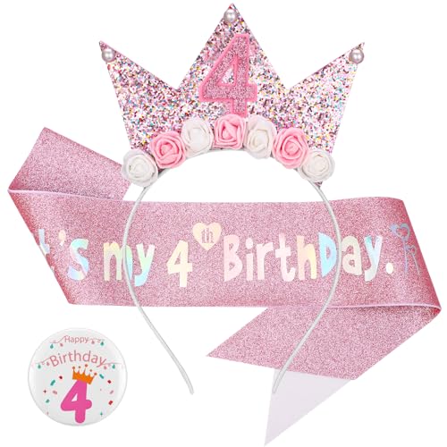 GSrenyu Stirnband zum 4. Geburtstag, Glitzer-Schärpe und Abzeichen-Set für Geburtstagsdekorationen, Mädchen, Prinzessinnenkrone, Hüte, Mädchen, Stirnband für Kinder, Prinzessinnen-Party von GSrenyu