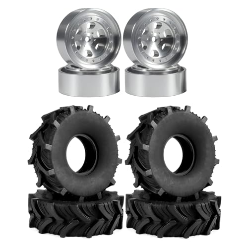 GTFRUQAS Für Defender Für TRX4M Für FCX24 Für SCX24 1/18 1,0 Zoll Gummireifen Felgen 62 X 20 Mm Schlamm Für Geländereifen RC Crawler Truck Upgrade RC Ersatzteile(Silver Set) von GTFRUQAS