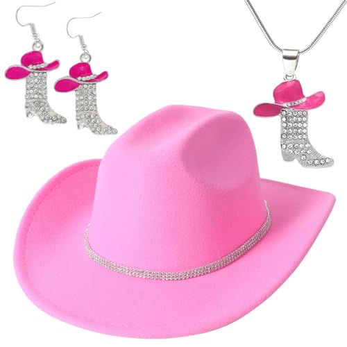 GTGSYRM Cowboyhüte for Damen Western, Vintage Strass-Hut Western-Cowgirl-Hut mit Ohrringen und Halsketten(Pink) von GTGSYRM