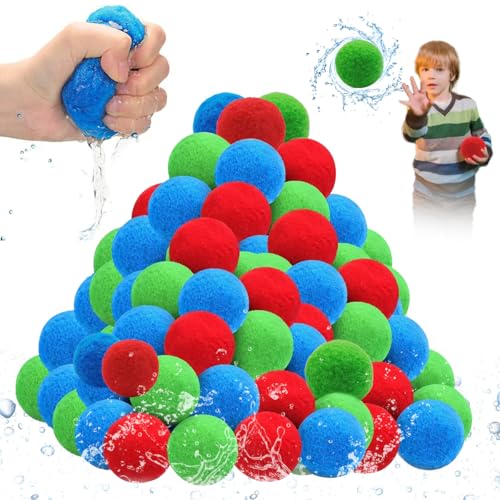 50 Stück Wasserbomben Wiederverwendbar, Wasserbomben Bälle, Schwamm Ball Plüschbälle, Baumwoll Wasserbomben, Plüschbälle Wasser für Sommer im Freien Strandparty, Wasserspielzeug Kinder von GTJEOI