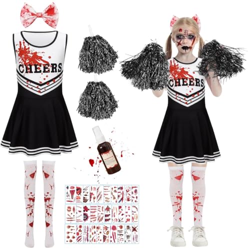 Cheerleader Kostüm Halloween, Zombie Cheerleader Kostüm Mädchen mit Pompoms, Bogen, Strümpfen, Kunstblut und Bluttattoo-Aufkleber, Horror Cheerleade-r Kostü-m Kinder für Halloween Karneval Cosplay von GTJEOI