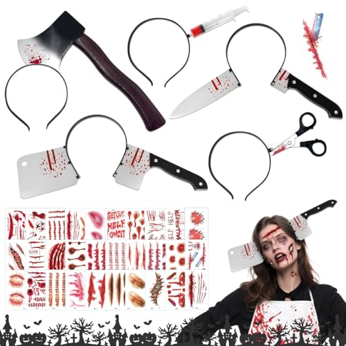 5 Stück Halloween Horror Haarreif, Halloween Grusel Accessoires mit 30 Halloween Tattoo Narben, Horror Haarreif Set, Halloween Messer Haarband für Fasching Karneval Kostüm Party Cosplay 5 Stück Halloween Horror Haarreif, Halloween Grusel Accessoires mit 30 Halloween Tattoo Narben, Horror Haarreif Set, Halloween Messer Haarband für Fasching Karneval Kostüm Party Cosplay von GTJEOI