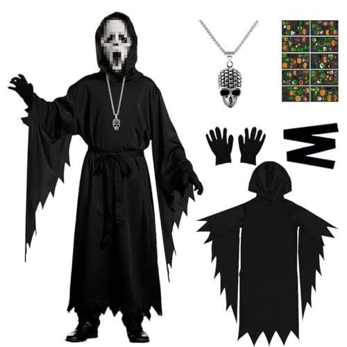 Scream Kostüm Kinder, Gruseliges Geistergesicht Scream Cosplay Kostüm mit Ghost Maske Aufkleber und Halskette, Screaming Ghost Costume, Scream Costume für Halloween, Karneval, Mottoparty von GTJEOI