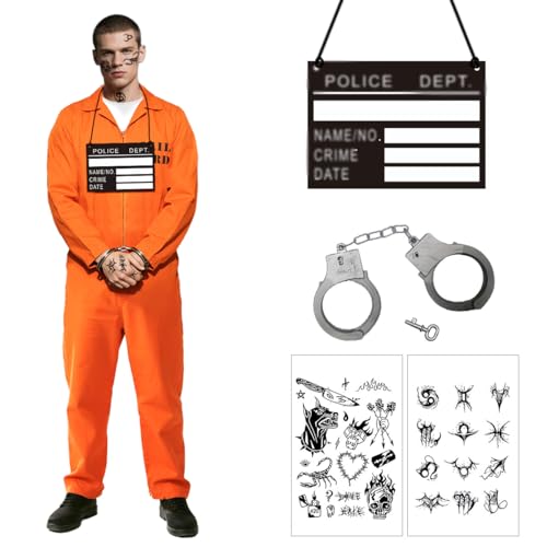 Gefangener Kostüm Herren, Häftling Kostüm Herren, Sträfling Kostü-m Herre-n mit Handschellen, Namensschild, Aufkleber, Orange GefäNgnis Kostü-m Herre-n für Halloween Cosplay Karneval - Größe L/XL von GTJEOI