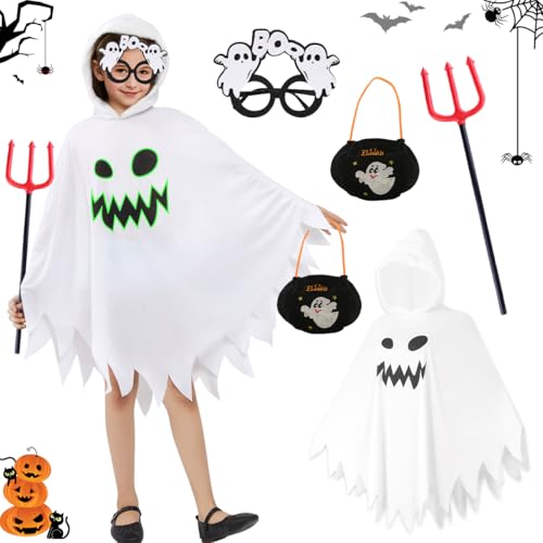 Gespenst Kostüm für Kinder, Geister Weiß Umhang für Halloween mit Handtasche Teufelsgabel und Gläser, Kinder Geist Umhang, Geisterkostüm kinder für Halloween-Déguisement Gespenst Kostüm für Kinder, Geister Weiß Umhang für Halloween mit Handtasche Teufelsgabel und Gläser, Kinder Geist Umhang, Geisterkostüm kinder für Halloween-Déguisement von GTJEOI