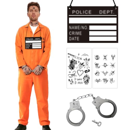 Häftling Kostüm Herren, Orange GefäNgnis Kostüm, Sträfling kostüm, Orangener Overall, Gefangenenkostüm Karneval Cosplay für Sträflinge, Gefangene, Räuber - Größe L/XL Häftling Kostüm Herren, Orange GefäNgnis Kostüm, Sträfling kostüm, Orangener Overall, Gefangenenkostüm Karneval Cosplay für Sträflinge, Gefangene, Räuber - Größe L/XL von GTJEOI
