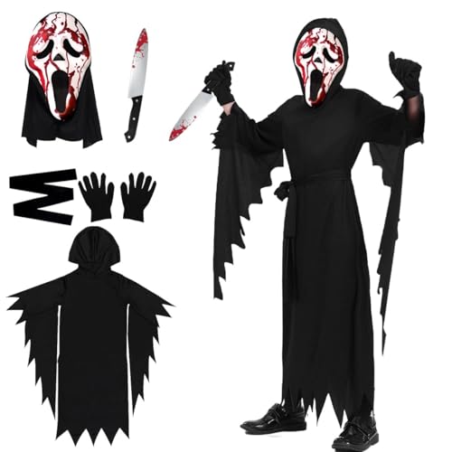 Halloween Scream Kostüm Kinder, Gruseliges Ghost Kostüm, Geistergesicht Scream Cosplay Kostü-m mit Ghostface Maske, Handschuhen und Requisitenmesser, Horror Geister Kostü-m für Halloween Karneval von GTJEOI