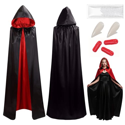 Vampir Umhang Erwachsene, 150 cm Halloween Vampir Kostüm, Kapuzenumhang Schwarzer Rot Doppelseitig mit Vampir Zähne und Kunstblut, Dracula Umhang Damen Herren für Halloween Karneval Cosplay Vampir Umhang Erwachsene, 150 cm Halloween Vampir Kostüm, Kapuzenumhang Schwarzer Rot Doppelseitig mit Vampir Zähne und Kunstblut, Dracula Umhang Damen Herren für Halloween Karneval Cosplay von GTJEOI