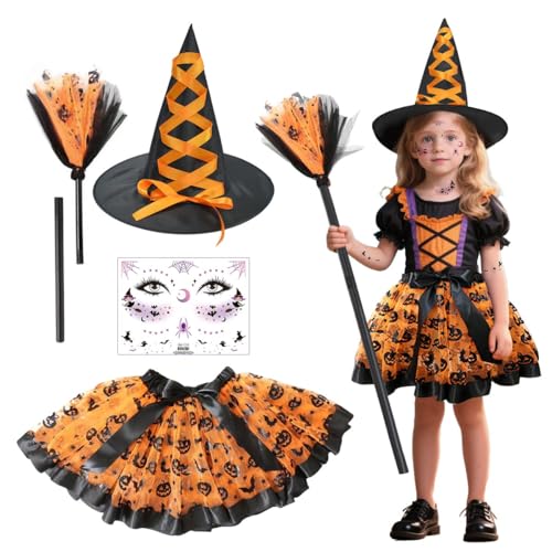 Hexenkostüm Mädchen, Halloween Hexenrock Kinder, Hexe Tutu Rock mit Hexenhut, Hexenbesen und Gesichtstattoos, Halloween Hexenkleid Mädchen, Hexe Kostüm Kinder für Hallowee-n Karneval Mottoparty Hexenkostüm Mädchen, Halloween Hexenrock Kinder, Hexe Tutu Rock mit Hexenhut, Hexenbesen und Gesichtstattoos, Halloween Hexenkleid Mädchen, Hexe Kostüm Kinder für Hallowee-n Karneval Mottoparty von GTJEOI