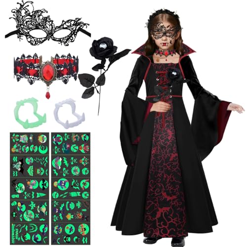 Vampir Kostüm Kinder Mädchen, Gothic Vampirkostüm, Vampirin Kleid Verkleidung mit Rubin Halskette, Rose, Vampirgebiss, Halloween Tattoo Kinder, Halloween Karneval Dracula Cosplay Mottoparty (120) von GTJEOI