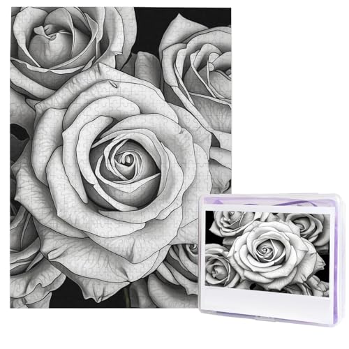 Schwarz-weiße Rosen-Puzzle für Erwachsene, 500 Teile, personalisiertes Puzzle aus Fotos, herausforderndes Puzzle, perfekt für Spieleabende, Holzpuzzles Geschenk für Feiertage, Geburtstag von GTKSYNVE