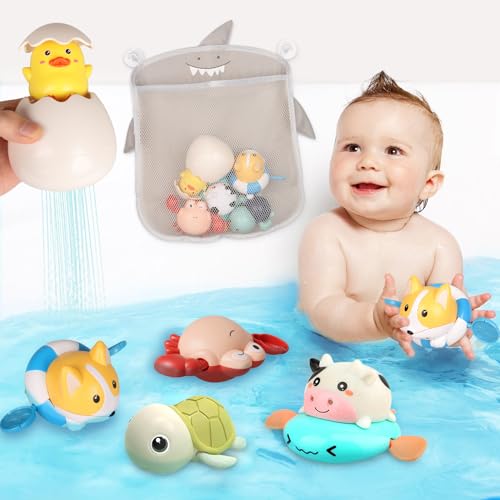 Badespielzeug Baby ab 1 2 3 Jahre - Badewannenspielzeug Wasserspielzeug ab 1 Jahr mit Badespielzeug Aufbewahrung, Badespielzeug Baby ab 6-12 Monate Für Kinder Jungen Mädchen (6 Stück) von GTPHOM