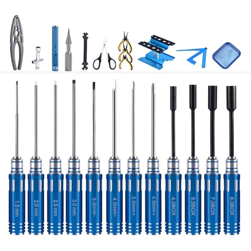 GTVNPOA RC Demontage Hilfs Für Universalteile RC-Auto 24-in-1-RC-Auto-Werkzeugsatz – Schraubendrehersatz Flachkreuzschlitz Sechskantzange Reibahle Ständer Reparaturwerkzeuge Für RC-Autos(Blue) von GTVNPOA