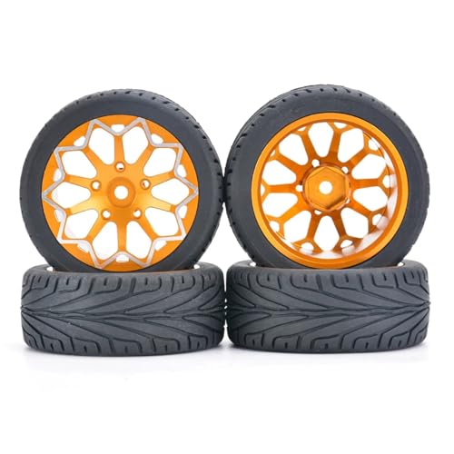 GTVNPOA RC Reifen Set Naben Für MST Für SNRC Für R3-CR, Gummihaut-Metall-Radnabe, 4 Stück Reifen, 12 Mm Adapter Für 1/10 RC-for Modell, Tourenwagen, Driftfahrzeug(Orange,A) von GTVNPOA