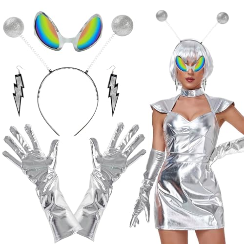 Alien Kostüm Set, Alien Kostüm Accessoires, Alien Cosplay Kostümzubehör, Alien Haarreif+Alien Brille+Alien Ohrringe+Alien Handschuhe, Alien Kostümzubehör für Karneval, Thema Party, Cosplay (Silber) Alien Kostüm Set, Alien Kostüm Accessoires, Alien Cosplay Kostümzubehör, Alien Haarreif+Alien Brille+Alien Ohrringe+Alien Handschuhe, Alien Kostümzubehör für Karneval, Thema Party, Cosplay (Silber) von GTYARYUA