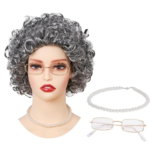 GTYARYUA Oma Perücke Kostüm Set, 3 Stück Oma Kostüm Alte Frau, Perücke Oma Alte Frau Damen, Oma Perücke für Erwachsene, Großmutter Cosplay Zubehör mit Oma Perücke, Perlenkette und Oma Brille GTYARYUA Oma Perücke Kostüm Set, 3 Stück Oma Kostüm Alte Frau, Perücke Oma Alte Frau Damen, Oma Perücke für Erwachsene, Großmutter Cosplay Zubehör mit Oma Perücke, Perlenkette und Oma Brille von GTYARYUA