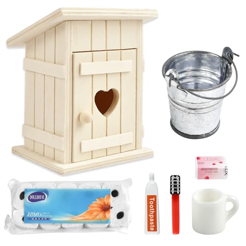 Puppenhaus Zubehör Set - 7 PCS Wichtel, Badezimmer, 1:12 Miniatur Toilettenartikel, Toilettenhäuschen, Toilettenpapier und Eimer von GTYARYUA