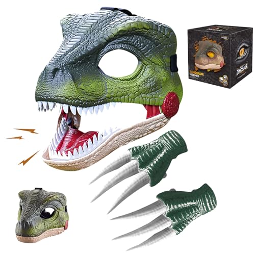 Dino Maske Kopfbedeckung,Dino Mask Moving Jaw mit Sound,Einstellbare Größe Realistische Maske Dinosaurier Spielzeug Geschenk für Kinder Erwachsene Halloween deko,Party,Maskerade (Kompletter Satz-Grün) Dino Maske Kopfbedeckung,Dino Mask Moving Jaw mit Sound,Einstellbare Größe Realistische Maske Dinosaurier Spielzeug Geschenk für Kinder Erwachsene Halloween deko,Party,Maskerade (Kompletter Satz-Grün) von GUAHKUN