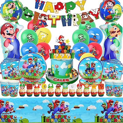 81 Stück Super Mario Dekoration Geburtstag Partygeschirr Set, Super Mario Geburtstag Party Dekoration, Super Mario Geburtstag Party Set mit Banner, Teller, Tassen, Servietten, Tischdecken, Cake Topper 81 Stück Super Mario Dekoration Geburtstag Partygeschirr Set, Super Mario Geburtstag Party Dekoration, Super Mario Geburtstag Party Set mit Banner, Teller, Tassen, Servietten, Tischdecken, Cake Topper von GUBOOM