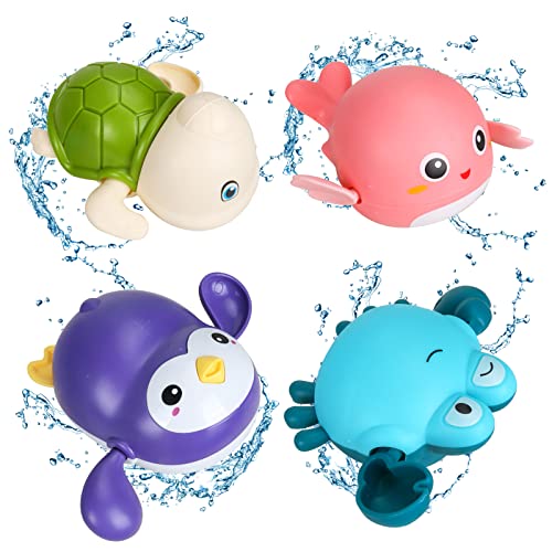 Baby Badespielzeug, 4 Stück Baby Wasserspielzeug, Badewanne Pool Spielzeug, Badewannenspielzeug Uhrwerk Schildkröten Delfin Krabbe Pinguin, Badespielzeug Baby ab 1 Jahr für Kinder Jungen Mädchen von GUBOOM