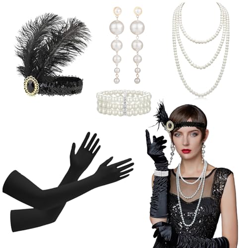 GUBOOM 5 Stück Great Gatsby Accessoires Damen Set, Great Gatsby Party Accessoires, 1920er Jahre Kostüm Damen Accessoires mit Stirnband, Handschuhen, Perlenkette, Ohrringe, Armband von GUBOOM
