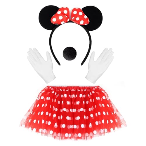GUBOOM Damen Maus Mouse Kostüm,Tutu Rock Damen Rot mit Weiß Gepunktet, Haarreifen mit Maus Ohren + Weiß Handschuhe + Schwarz Nase, Minnie Mouse Kostüm Zubehör für Karneval, Maskerade, Cosplay Partys von GUBOOM