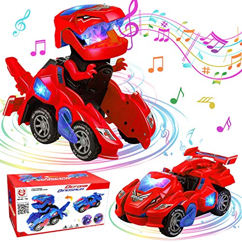 GUBOOM Dinosaurier Spielzeug, Transformers Spielzeug, Kinder Auto Spielzeug, Transformer Dinosaurier led Auto Dynocar, Dinosaurier Transformer Spielzeug mit LED Licht und Musik (Rot) von GUBOOM