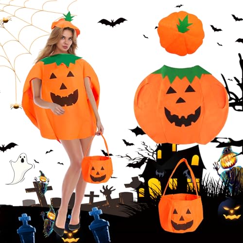 GUBOOM Kürbis Kostüm Erwachsener, Halloween Kostüm Damen, Halloween Kürbis Kostüm mit Halloween Süssigkeiten Beutel, Kürbis Kostüm mit Hut, Halloween Cosplay Party Kleidung Karneval(Erwachsene) von GUBOOM