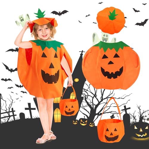 GUBOOM Kürbis Kostüm Kinder, Halloween Kostüm, Halloween Kürbis Kostüm mit Halloween Süssigkeiten Beutel, Kürbis Kostüm mit Hut, Halloween Cosplay Party Kleidung Karneval (Kinder) von GUBOOM