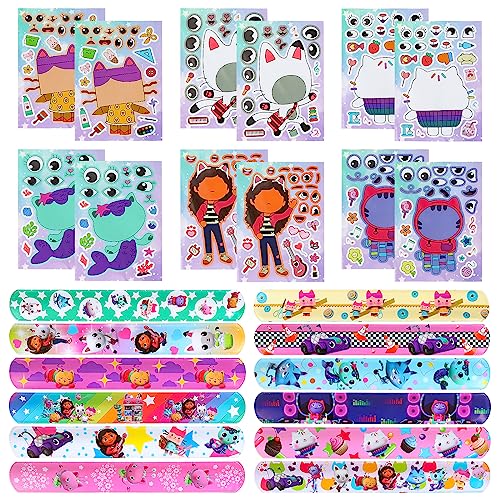 Gabby's Dollhouse Kindergeburtstag Mitgebsel Set, 12Pcs Gabby's Dollhouse Slap Bracelets Armbänder Kinder Slap Armband + 12Pcs Gabby's Dollhouse DIY Aufkleber Kinder, Gabby's Gastgeschenke Deko von GUBOOM