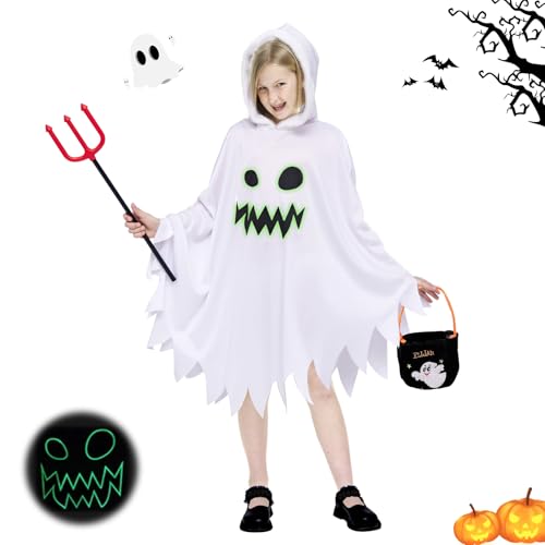 Geister Weiß Umhang Halloween Kostüm für Kinder, 3-teiliges Costume Halloween für Jungen Mädchen, Gruseliges Süßes oder Saures, mit Handtasche, Teufelsgabel, für Halloween-Kostümpartys, Cosplay (L) Geister Weiß Umhang Halloween Kostüm für Kinder, 3-teiliges Costume Halloween für Jungen Mädchen, Gruseliges Süßes oder Saures, mit Handtasche, Teufelsgabel, für Halloween-Kostümpartys, Cosplay (L) von GUBOOM