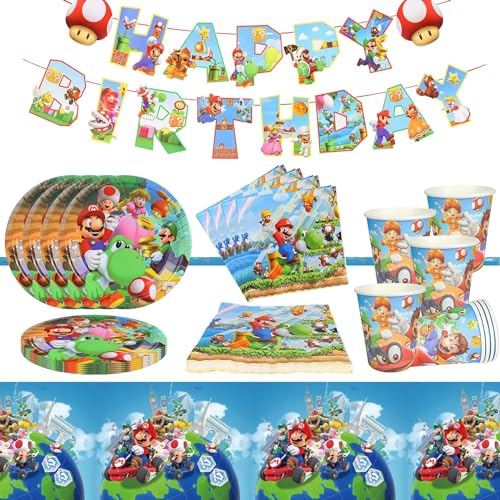 Super Mario Partygeschirr Set, 56Pcs Geburtstag Geschirr, Party Deko mit Banner, Teller, Becher, Tischdecke, Servietten von GUBOOM