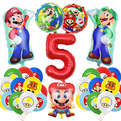 Super Mario Geburtstag Deko 5 Jahre, 5 Jahre Mario Party Set Geburtstag, Super Mario Luftballons Latex Folienballons Zahlenballon 5 für Kindergeburtstag Party Dekoration (5) von GUBOOM
