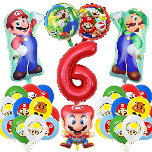 Super Mario Geburtstag Deko 6 Jahre, 6 Jahre Mario Party Set Geburtstag, Super Mario Luftballons Latex Folienballons Zahlenballon 6 für Kindergeburtstag Party Dekoration (6) von GUBOOM