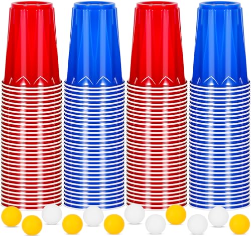 GUHAOOL Beer Pong Partybecher, Bierpong Becher Set (100 Becher 12 Bällen) 16 oz/473 ml Partybecher aus Kunststoff, Red Blue Cups, Wiederverwendbare Party Becher für Weihnachten, Geburtstag, Hochzeit von GUHAOOL